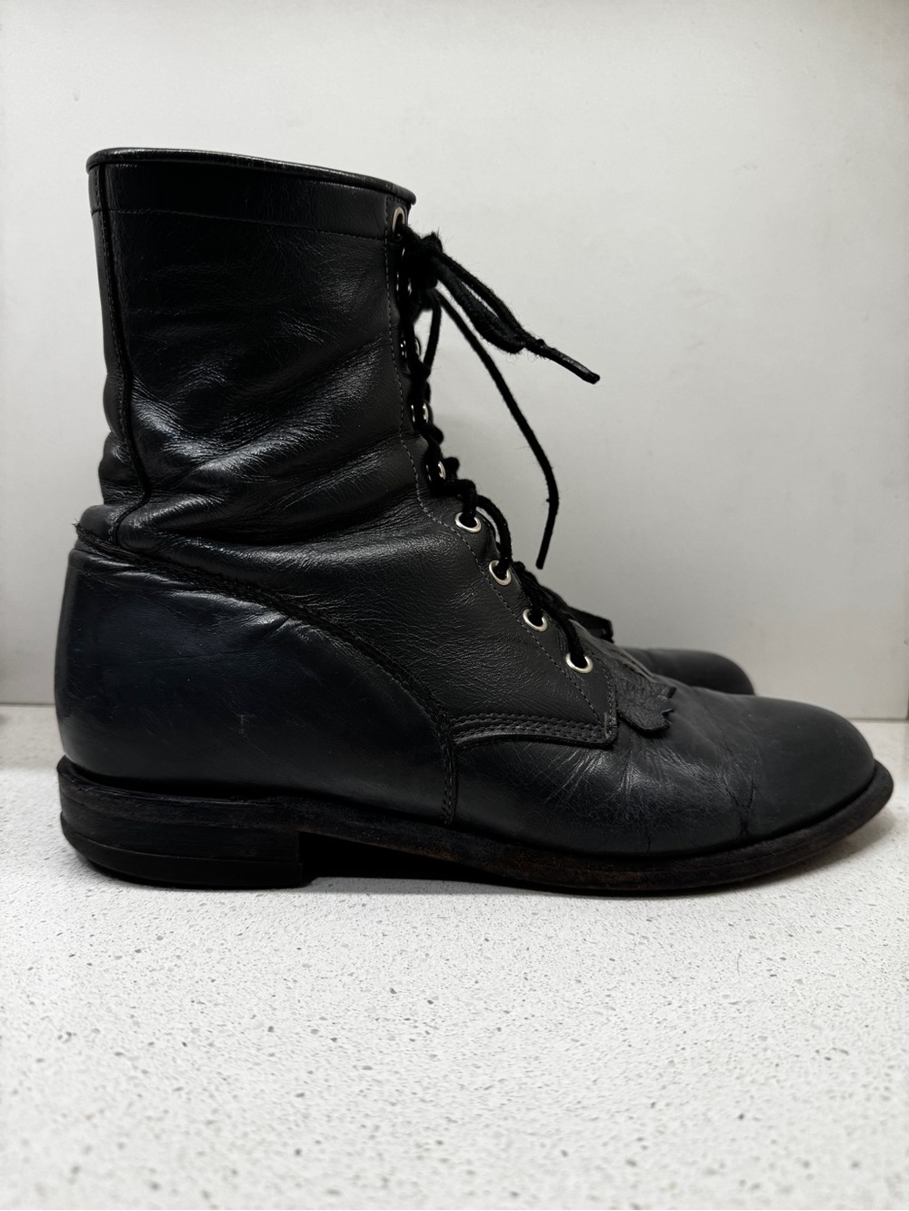 Vintage Justin Roper Boots Charcoal Gray Lace Up Western Rodeo Cowboy Leather 9E